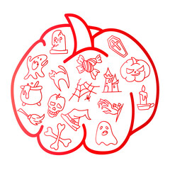 Sketch icon with halloween line vector icons on white background. Business icon. Autumn pumpkin. Outline cartoon. Happy halloween. Vector logo.