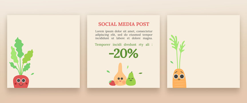 Social media réseaux sociaux légume fruit récolte commerce vente promotion offre carotte radis courge poire sourire agriculture primeur frais bio organique illustration