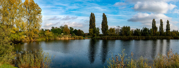 Panorama of the water level of Brumath France. Panoramic view of the lake, some clouds in the blue sky. Reflection of the cypress trees in the clear water.