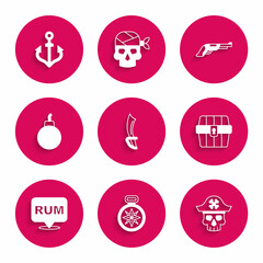 Set Pirate sword, Compass, captain, Antique treasure chest, Alcohol drink Rum, Bomb ready to explode, Vintage pistol and Anchor icon. Vector