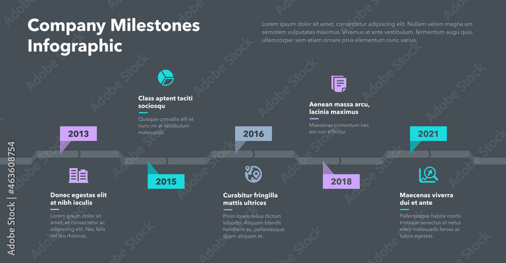 Poster simple infographic with five steps for company milestones - dark version. easy to use for your websi