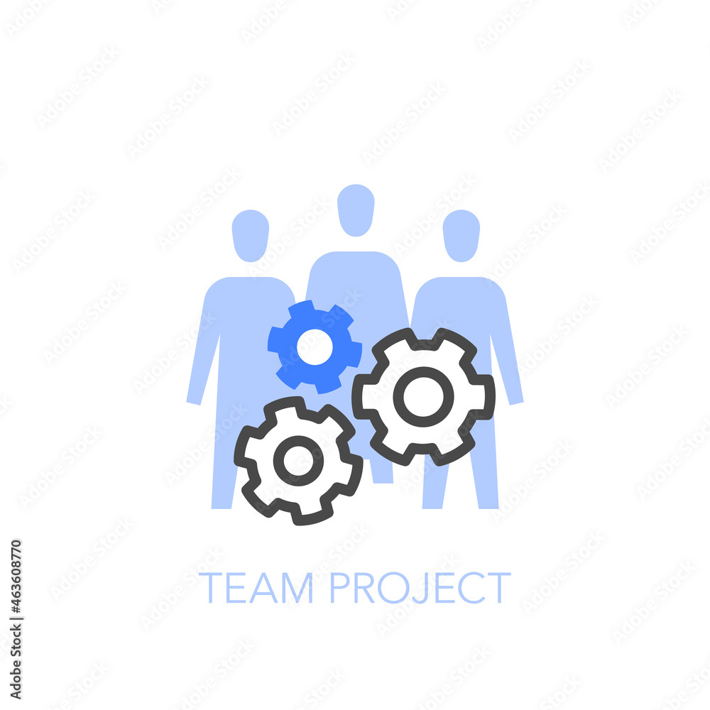 Poster Team project symbol with a group of people and process cogwheels. Easy to use for your website or presentation.