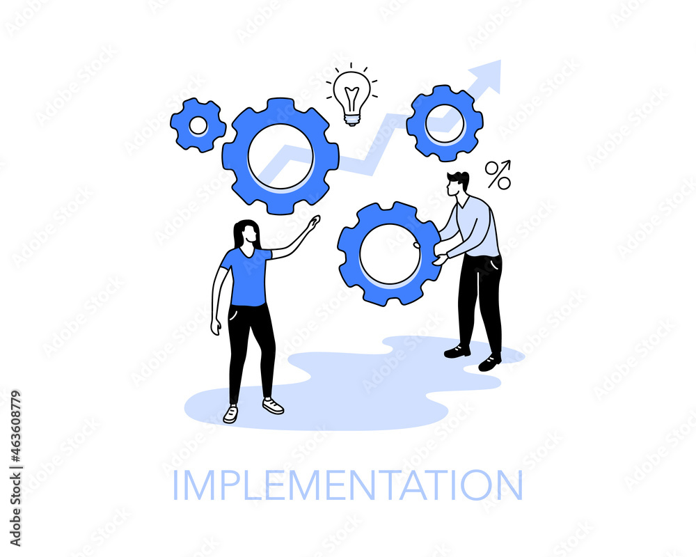 Leinwandbilder illustration of an implementation symbol with two people, one putting a cogwheel to a process gear. 