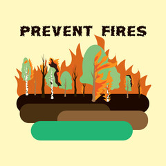 Poster displaying a flat design of a wild fire burning a forest down, with the text "Prevent Fires" at the top.