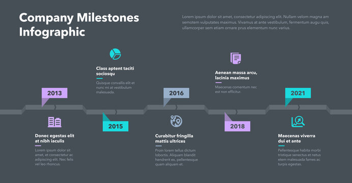 Simple infographic with five steps for company milestones - dark version. Easy to use for your website or presentation.