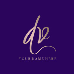 DV monogram logo.Calligraphic signature icon.Letter d and letter v.Lettering sign isolated on dark fund.Wedding, fashion, beauty alphabet initials.Elegant, luxury, handwritten style.
