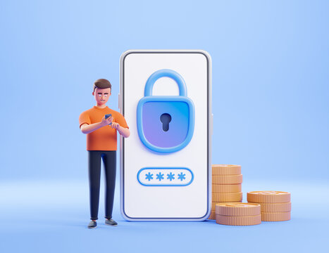Cartoon character man with smartphone stand near big phone with padlock and password cone on display and dollar coins. Online internet security concept