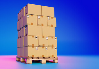 Boxes on pallet. Online order logistics concept. Boxes are ready for transport. FBS labels as symbol of online retail. Parcel logistics in retail. Boxes on blue background. 3d rendering.