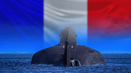 Navy France. Sub boat in ocean. Navy France. Nuclear attack submarines. Submarine production concept in France. Submarine fleet. French flag on sky background. Sub boat back view.