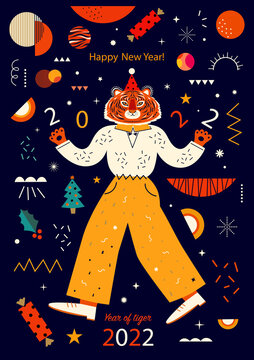 Decorative holiday illustration with symbol of 2022 year tiger. Happy New Year illustration
