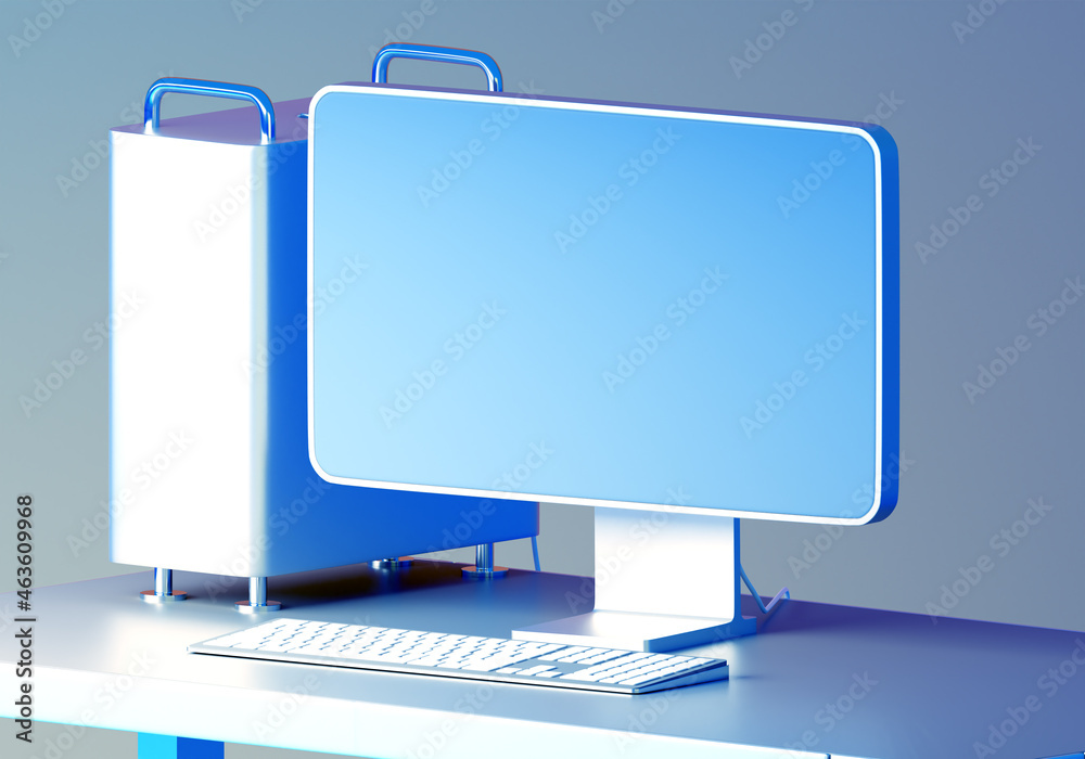 Poster desktop mockup. monitor with blue screen off. three-dimensional computer on office desk. detailed vi