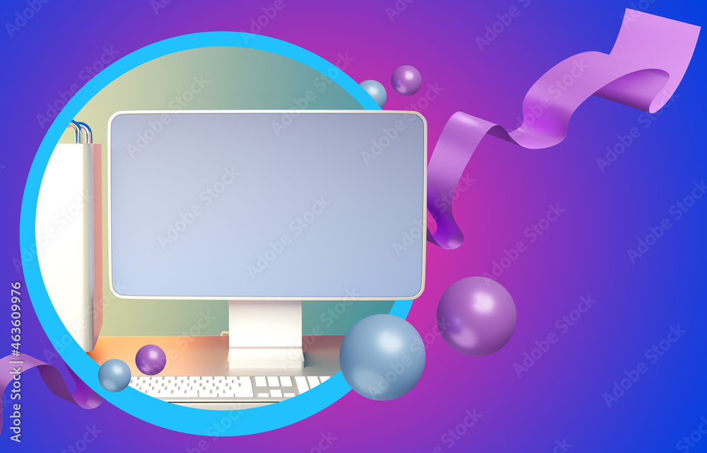 Poster computer on purple background. modern monitor template. mock monitor for presentation. computer in a