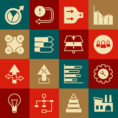 Set Factory, Wrench and gear, Project team base, Arrow, Pie chart infographic, Infographic element, Financial growth and Layers icon. Vector