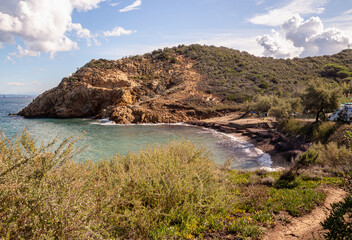 Acquaviva beach, a little natural bay with camping area near Portoferraio, Isola D' Elba (Elba Island), Tuscany (Toscana), Italy	