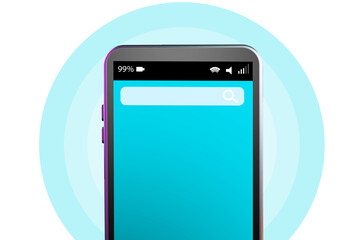 Phone mockup with search bar. Smartphone mockup. Phone search concept. Internet search string. Mobile phone with interface abstract apps. Place for text near magnifying glass. 3d visualisation