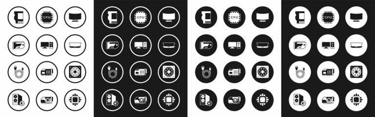 Set Computer monitor screen, Video graphic card, SD, Laptop, Processor with CPU, cooler and Electric plug icon. Vector