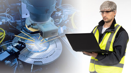 Study test sample of transistor microcircuit. Programmer for production boards. Printed circuit board under microscope in laboratory. Man examines PCB chip. Microprocessor testing. Chip production.