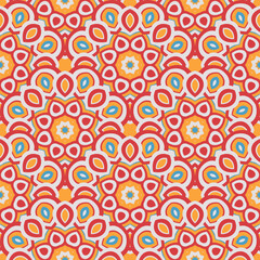 Abstract seamless backdrop. Design for prints, textile, decor, fabric. Round colorful endless texture in orange, red and blue colors
