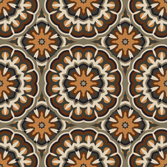 Abstract simple seamless pattern for design in beige, white and brown colors. Vector background with geometric flowers. Round colorful texture for textile, clown, carpeting, warp, clothes