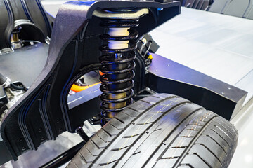Car suspension spring. New spring over wheel of car. Concept - repair of suspension system....