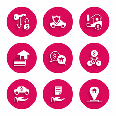 Set Price negotiation, House contract, Location house, Bicycle rental mobile app, Car, Credit card, with dollar and Rent key icon. Vector