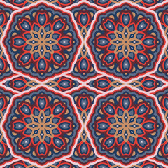 Seamless oriental vector pattern. Laced decorative ornamental background with geometric flower. Round colorful texture in blue, yellow and rose colors