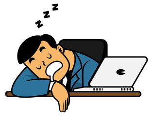 Cartoon illustration of Worker sleep snoring on desk work at office because exhausted, best for sticker, decoration, and sign of rules at office