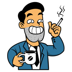 Cartoon illustration of Worker smoking and drinking coffee at office hour, bad habits and wasting time at office, best for sticker, decoration, and sign of rules at office
