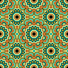 Abstract simple seamless pattern for design in blue, black and orange colors. Vector background with geometric flowers. Round colorful texture for textile, clown, carpeting, warp, clothes