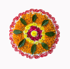 ‘Rangoli’ decoration done with marigold flower on the occasion of Hindu festival, Diwali or an...