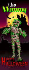 Terrifying mummy walking under the moon. Drawing in cartoon style. Happy Halloween 