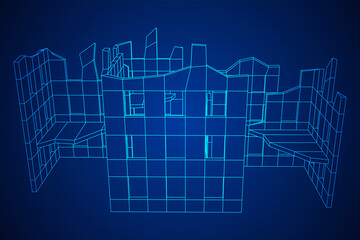 Destroyed building ruin and concrete, war destruction concept. Wireframe low poly mesh vector illustration.