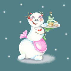 Watercolor composition. Cute character snowman. Snowman girl with ponytails.