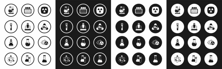Set Radioactive, Microscope, Test tube, flask on stand, Ozone, and Alcohol or spirit burner icon. Vector
