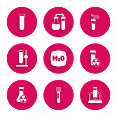 Set Chemical formula H2O, Test tube, Microscope, with toxic liquid, flask on stand, and icon. Vector