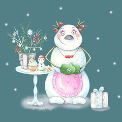 Watercolor composition. Cute character snowman. Snowman girl with ponytails.