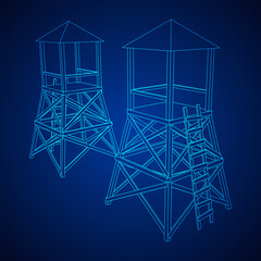 Watchtower or observation tower for hunters. Wireframe low poly mesh vector illustration.