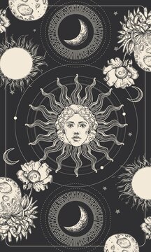 Magic drawing of the sun with a face. Tarot card, astrological illustration.