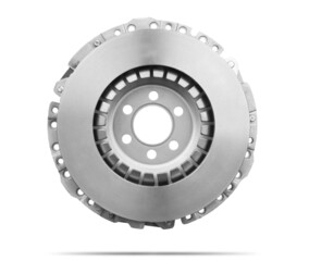 New clutch plate basket disc for automotive gearbox, isolated on white background. File contains a path to isolation.