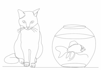 cat and fish in aquarium one continuous line drawing, vector