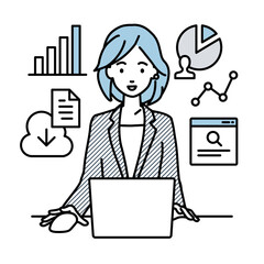 デスクで座ってPCを開いてリサーチしたりデータを分析してレポートにまとめているスーツの女性