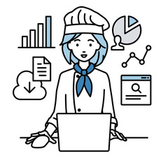 デスクで座ってPCを開いてリサーチしたりデータを分析してレポートにまとめている調理師の女性