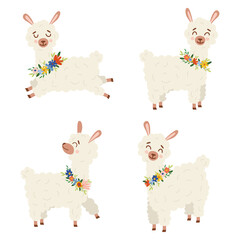 Collection set of cute vector illustration with lama or alpaca in flowers wreath in different poses isolated on white background. Cute cartoon lama character. 