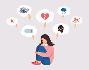 Vector illustration about mental problems in flat style. Girl is surrounded by symptoms of depressive disorder.