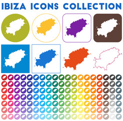 Ibiza icons collection. Bright colourful trendy map icons. Modern Ibiza badge with island map. Vector illustration.