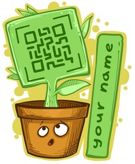 Cartoon funny green plant with QR code in pot with eyes and tablet sign for your name. Vector icon on white background.