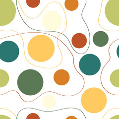 Colored background with circles and circles and smooth lines, flat cartoon drawing seamless. Contemporary design for fabric, packaging and wallpaper.