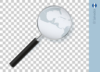 El Salvador map with flag in magnifying glass on transparent background.