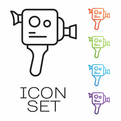 Black line Retro cinema camera icon isolated on white background. Video camera. Movie sign. Film projector. Set icons colorful. Vector