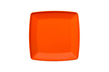 Orange plastic square plate isolated over white background. Top view